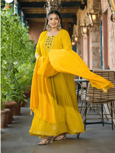 Anarkali Plus Size Lime Yellow Kurti Dupatta Set of 2 - BONYHUBSALWAR KAMEEZ