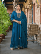 Anarkali Plus Size Teal Blue Kurti Dupatta Set of 2 - BONYHUBSALWAR KAMEEZ