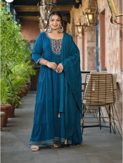 Anarkali Plus Size Teal Blue Kurti Dupatta Set of 2 - BONYHUBSALWAR KAMEEZ