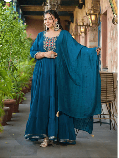 Anarkali Plus Size Teal Blue Kurti Dupatta Set of 2 - BONYHUBSALWAR KAMEEZ