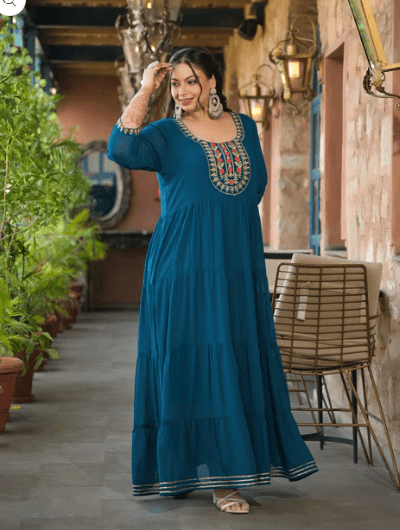 Anarkali Plus Size Teal Blue Kurti Dupatta Set of 2 - BONYHUBSALWAR KAMEEZ
