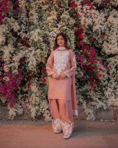 Apricot Peach Satin Silk Farshi Suit Set - BONYHUBSALWAR KAMEEZ