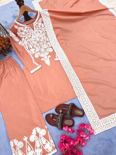 Apricot Peach Satin Silk Farshi Suit Set - BONYHUBSALWAR KAMEEZ