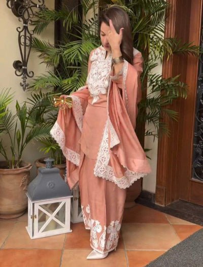 Apricot Peach Satin Silk Farshi Suit Set - BONYHUBSALWAR KAMEEZ