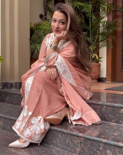 Apricot Peach Satin Silk Farshi Suit Set - BONYHUBSALWAR KAMEEZ