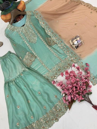 Aqua Blue Embroidered Fendi Silk Gharara Suit Set - BONYHUBSALWAR KAMEEZ