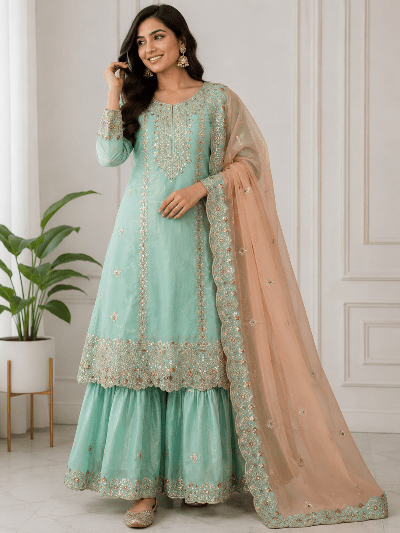 Aqua Blue Embroidered Fendi Silk Gharara Suit Set - BONYHUBSALWAR KAMEEZ