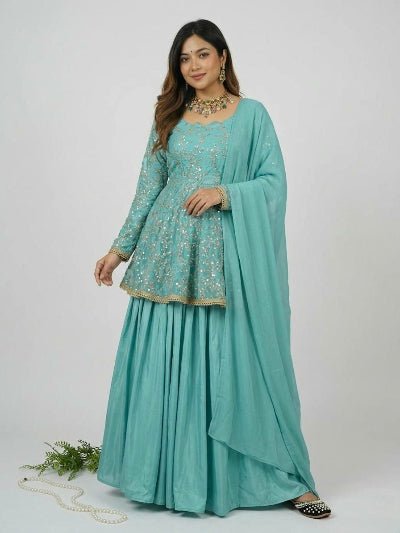 Aqua Blue Peplum Top with Skirt & Dupatta - BONYHUBSALWAR KAMEEZ