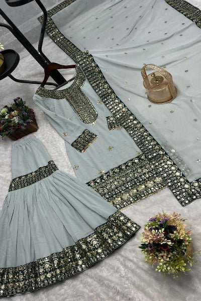 Ash Grey Embroidered Moti Work Sharara Suit Set - BONYHUBSALWAR KAMEEZ