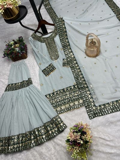 Ash Grey Embroidered Moti Work Sharara Suit Set - BONYHUBSALWAR KAMEEZ
