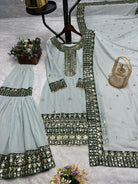 Ash Grey Embroidered Moti Work Sharara Suit Set - BONYHUBSALWAR KAMEEZ