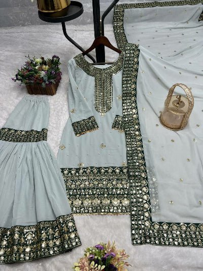 Ash Grey Embroidered Moti Work Sharara Suit Set - BONYHUBSALWAR KAMEEZ