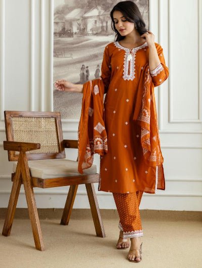 Rust Brown Pure Cotton Embroidered Yoke Straight Suit Set - BONYHUBSALWAR KAMEEZ