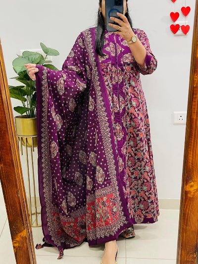 Purple Cotton Printed Handwork Anarkali Suit - BONYHUBSALWAR KAMEEZ