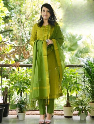 Green South Handloom Cotton Straight Suit Set - BONYHUBSALWAR KAMEEZ