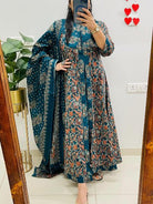 Blue Cotton Printed Handwork Anarkali Suit - BONYHUBSALWAR KAMEEZ
