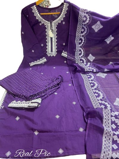 Purple Pure Cotton Embroidered Yoke Straight Suit Set - BONYHUBSALWAR KAMEEZ