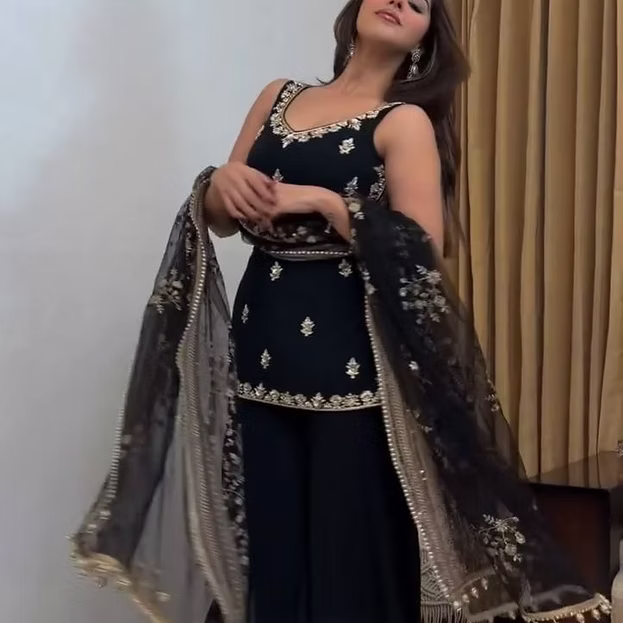 Black Sleeveless Georgette Sequence Work Sharara Palazzo Suit