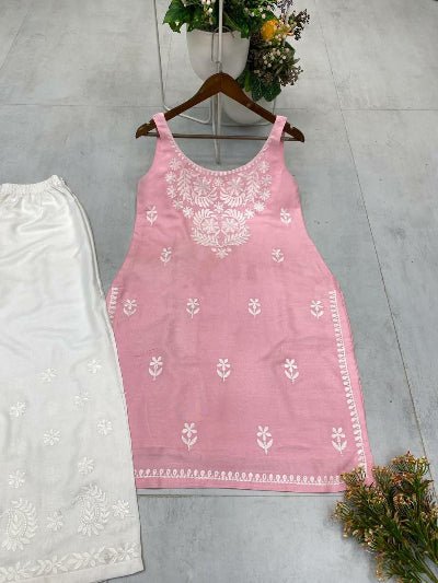 Baby Pink Embroidered Kurti Palazzo Set Of 2 - BONYHUBSALWAR KAMEEZ