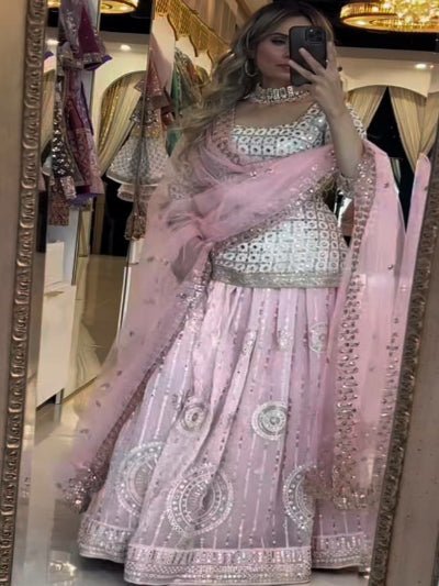 Baby Pink & White Georgette Kurti Skirt With Dupatta - BONYHUBSALWAR KAMEEZ