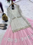 Baby Pink & White Georgette Kurti Skirt With Dupatta - BONYHUBSALWAR KAMEEZ