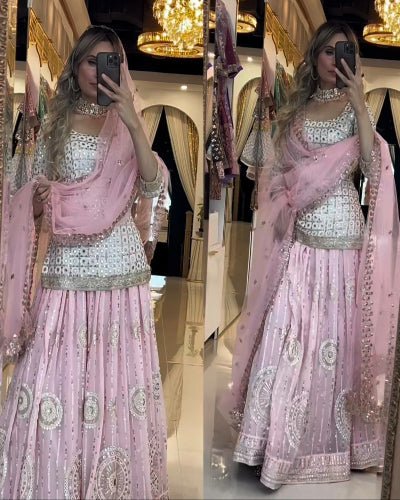 Baby Pink & White Georgette Kurti Skirt With Dupatta - BONYHUBSALWAR KAMEEZ