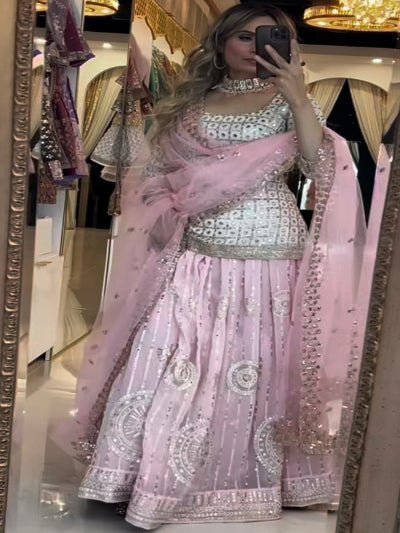 Baby Pink & White Georgette Kurti Skirt With Dupatta - BONYHUBSALWAR KAMEEZ