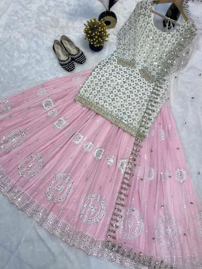 Baby Pink & White Georgette Kurti Skirt With Dupatta - BONYHUBSALWAR KAMEEZ