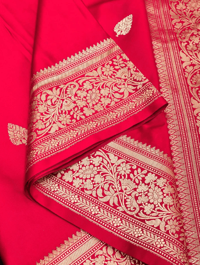 Banarasi Mashru Silk Saree with Damask Buttas and Zari Border - BONYHUBSAREE
