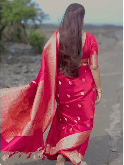 Banarasi Mashru Silk Saree with Damask Buttas and Zari Border - BONYHUBSAREE