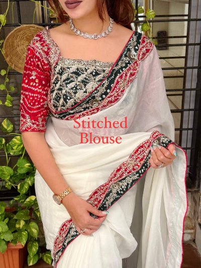 Bandhani Embroidered Sari with Free Stitched Blouse - BONYHUBSAREE