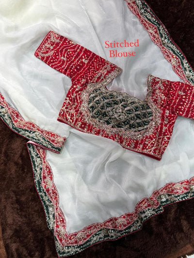 Bandhani Embroidered Sari with Free Stitched Blouse - BONYHUBSAREE