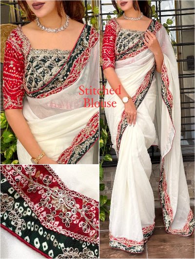 Bandhani Embroidered Sari with Free Stitched Blouse - BONYHUBSAREE