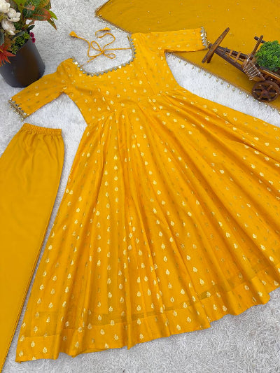 Yellow Chanderi Jacquard Mirror Work Anarkali Suit Set