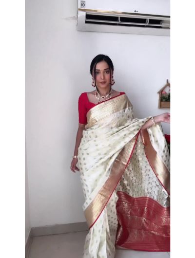 Cream Red 1 Minute Banarasi Saree Ready to Wear Sari UK Next Day - BONYHUBSAREE