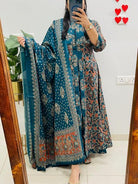 Blue Cotton Printed Handwork Anarkali Suit - BONYHUBSALWAR KAMEEZ