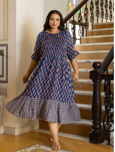 Beautiful Blue Cotton Printed Kurti Gown UK Next Day - BONYHUBSALWAR KAMEEZ