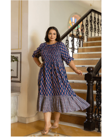 Beautiful Blue Cotton Printed Kurti Gown UK Next Day - BONYHUBSALWAR KAMEEZ