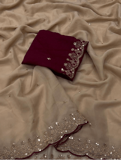 Beige Embroidery Designer Sari with Unsticth Blouse pc - BONYHUBSAREE