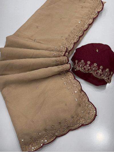 Beige Embroidery Designer Sari with Unsticth Blouse pc - BONYHUBSAREE