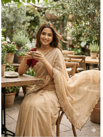 Beige Embroidery Designer Sari with Unsticth Blouse pc - BONYHUBSAREE