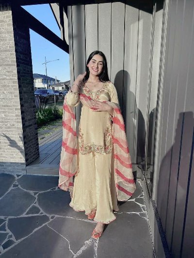 Beige Embroidery Work Palazzo Suit with Organza Dupatta - BONYHUBSALWAR KAMEEZ