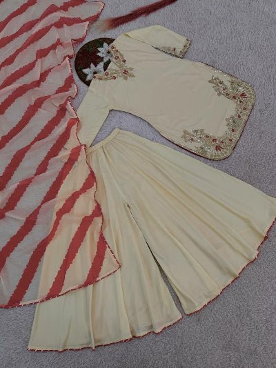 Beige Embroidery Work Palazzo Suit with Organza Dupatta - BONYHUBSALWAR KAMEEZ