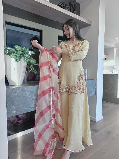 Beige Embroidery Work Palazzo Suit with Organza Dupatta - BONYHUBSALWAR KAMEEZ