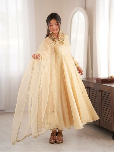 Beige Gold Mirror Work Anarkali Suit for Women | Asian Ethnic Wear UK - BONYHUBSALWAR KAMEEZ