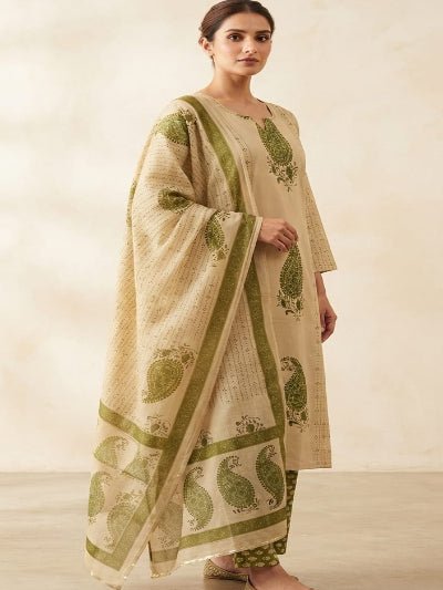 Beige & Green Cotton Printed Straight Suit | Paisley Print Dupatta Set - BONYHUBSALWAR KAMEEZ