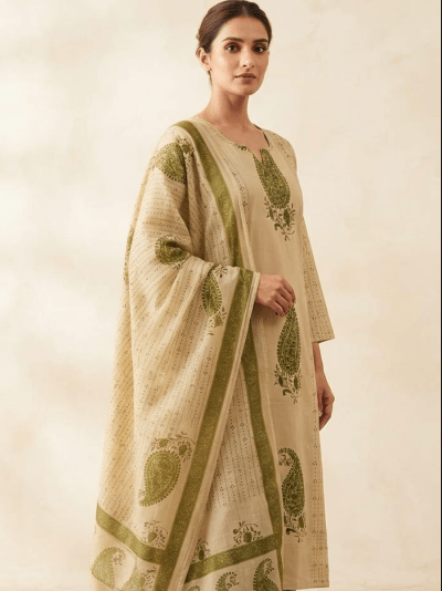 Beige &amp; Green Cotton Printed Straight Suit | Paisley Print Dupatta Set - BONYHUBSALWAR KAMEEZ