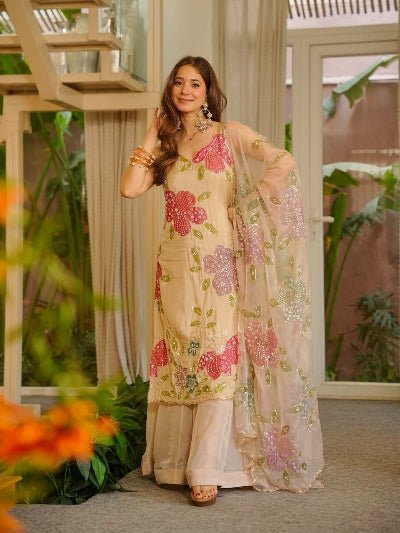 Beige Organza Silk Floral Salwar Kameez Palazzo Set - BONYHUBSALWAR KAMEEZ