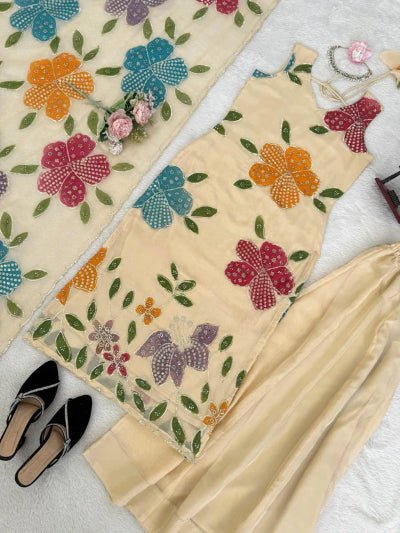 Beige Organza Silk Floral Salwar Kameez Palazzo Set - BONYHUBSALWAR KAMEEZ
