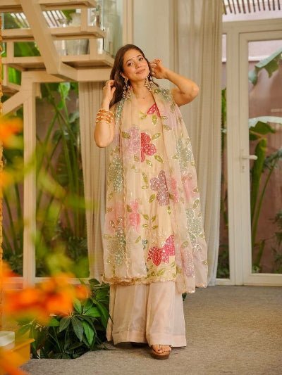 Beige Organza Silk Floral Salwar Kameez Palazzo Set - BONYHUBSALWAR KAMEEZ